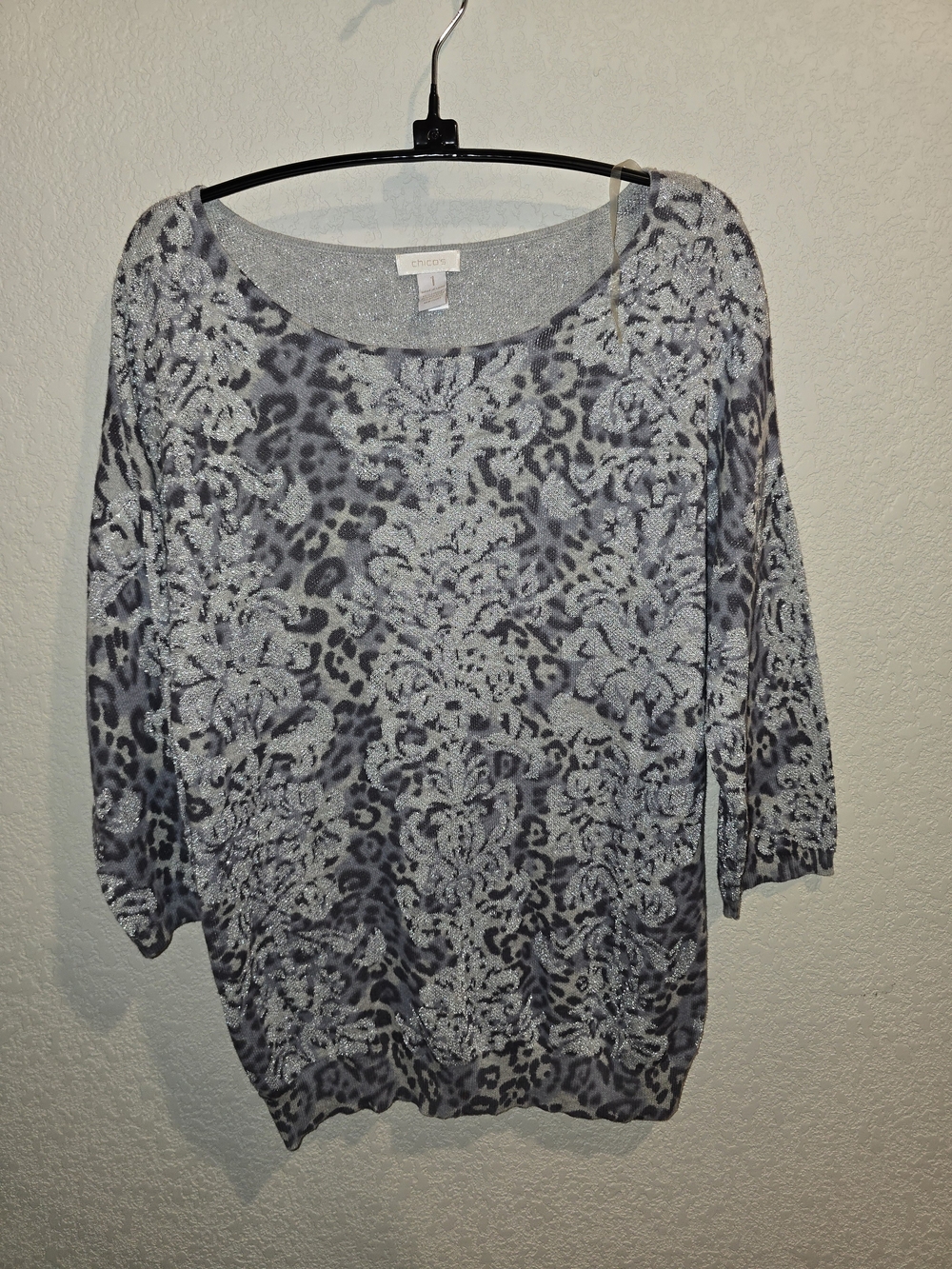 Chico's Metallic Silver Damask Animal Print Sweater Top - Size 1 (US 8/Medium)
